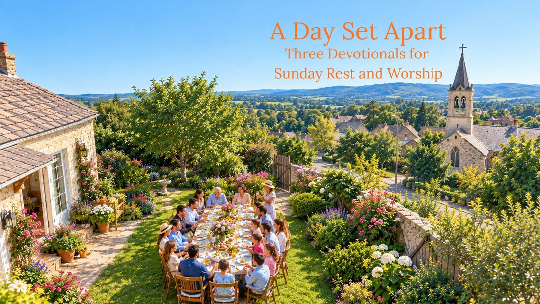 An aerial view of a family gathered around a long table for Sunday lunch in a lush garden, with a church steeple visible nearby, illustrating the Moriah Cross Works devotional A Day Set Apart