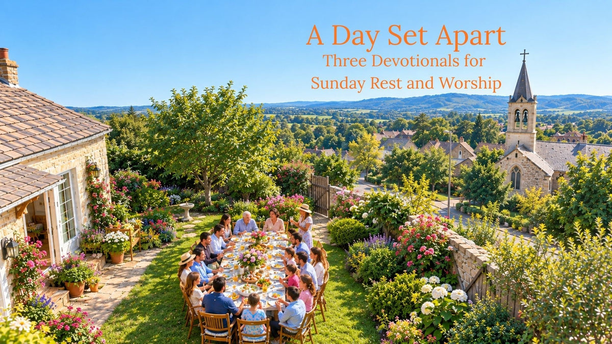 An aerial view of a family gathered around a long table for Sunday lunch in a lush garden, with a church steeple visible nearby, illustrating the Moriah Cross Works devotional A Day Set Apart