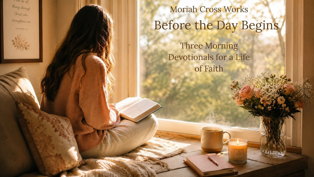 Young woman reading her Bible alone in a sunlit window niche, flowers and candle beside her — Before the Day Begins, Three Morning Devotionals for a Life of Faith by Moriah Cross Works