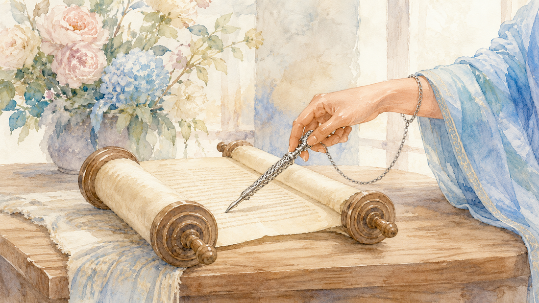 A soft watercolor illustration of a hand holding an ornate silver yad pointer while reading from a scroll on a table, with flowers in the background, illustrating the Moriah Cross Works blog post on the history of the yad