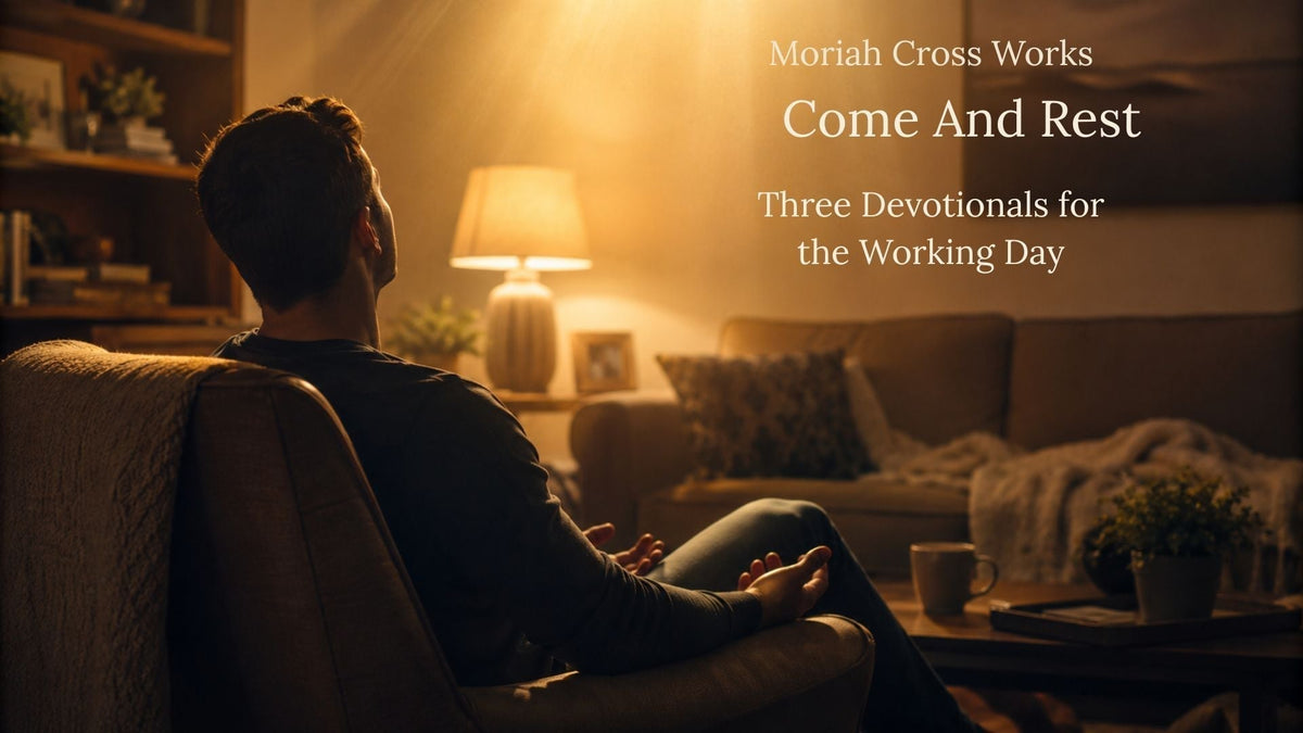 A man sitting quietly in an armchair in a warmly lit evening living room, hands open in his lap, bathed in golden lamplight, illustrating the Moriah Cross Works devotional Come and Rest