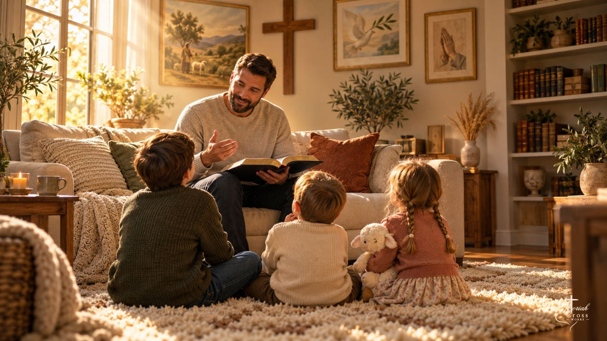 Christian father teaching Scripture from an open Bible to three children seated on a rug in a warm living room with a wooden cross