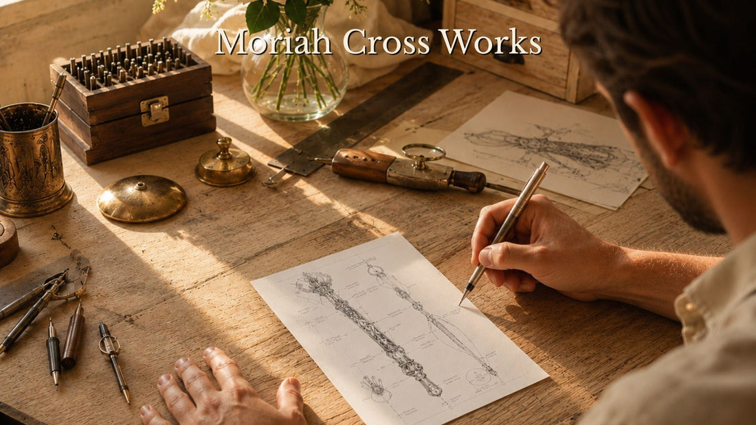 A hand sketching detailed technical drawings of the Bible Reading Pointer at a wooden workbench surrounded by brass tools and drafting instruments