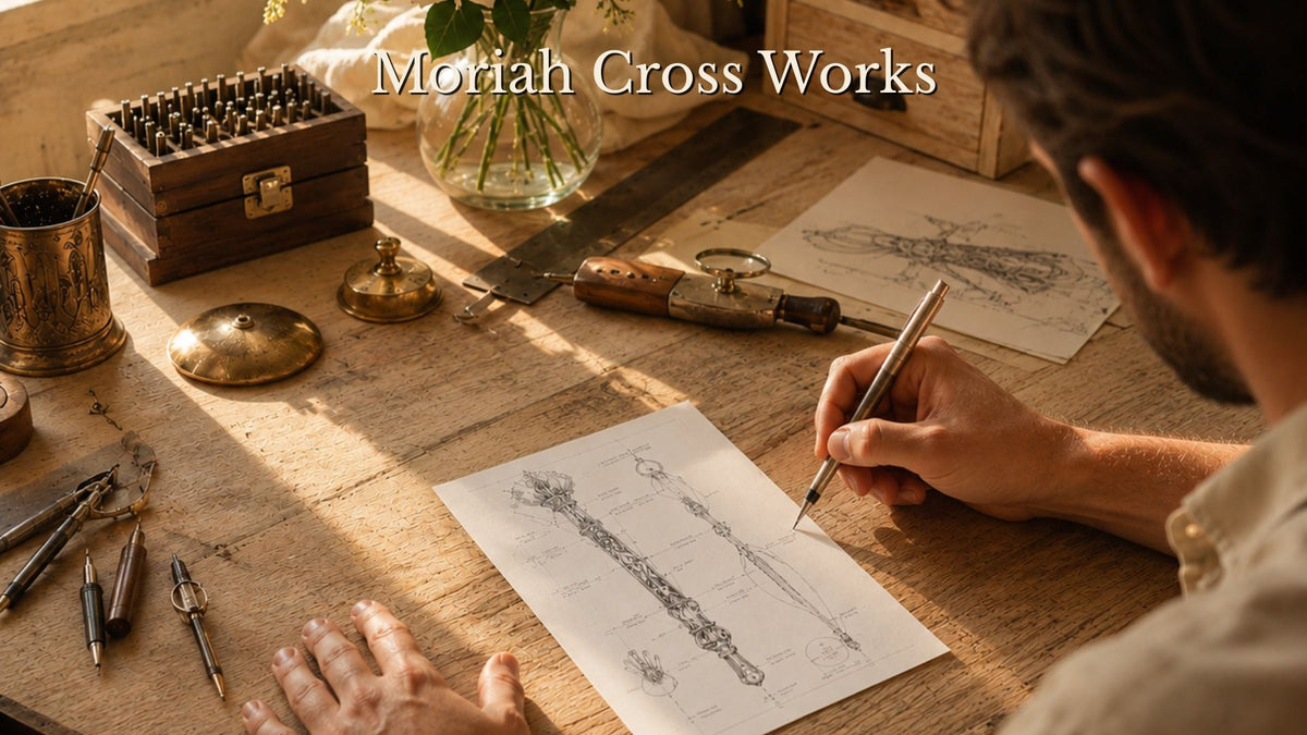 A hand sketching detailed technical drawings of the Bible Reading Pointer at a wooden workbench surrounded by brass tools and drafting instruments