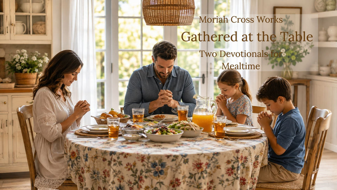 A family of four bowing their heads in prayer before a meal at a sunlit dining table with a floral tablecloth, illustrating the Moriah Cross Works devotional Gathered at the Table