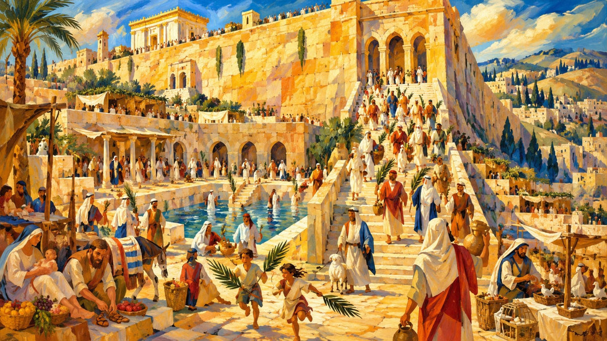 Illustrated aerial view of the Ophel excavation south of the Temple Mount in Jerusalem, with the southern wall and Triple Gate above and a golden dashed line outlining the area where the ancient pilgrim ritual baths were discovered