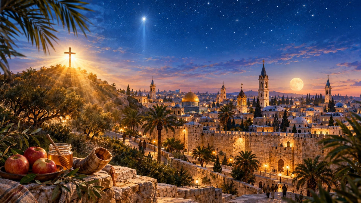 A radiant Christian cross atop a hill overlooking the illuminated walls and steeples of Jerusalem's Old City at twilight, with a shofar, apples, and honey in the foreground, symbolizing the anticipation of Rosh Hashanah