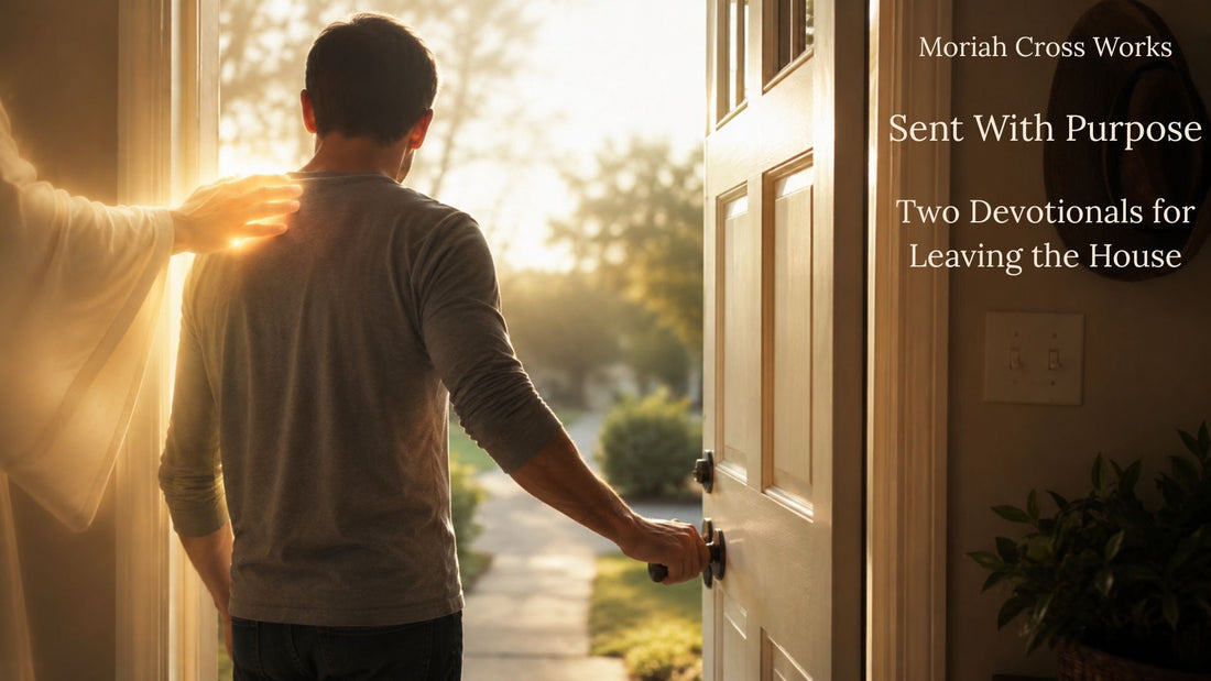 A man pauses at his front door in morning light, guided by a hand of blessing, illustrating the Moriah Cross Works devotional Sent With Purpose
