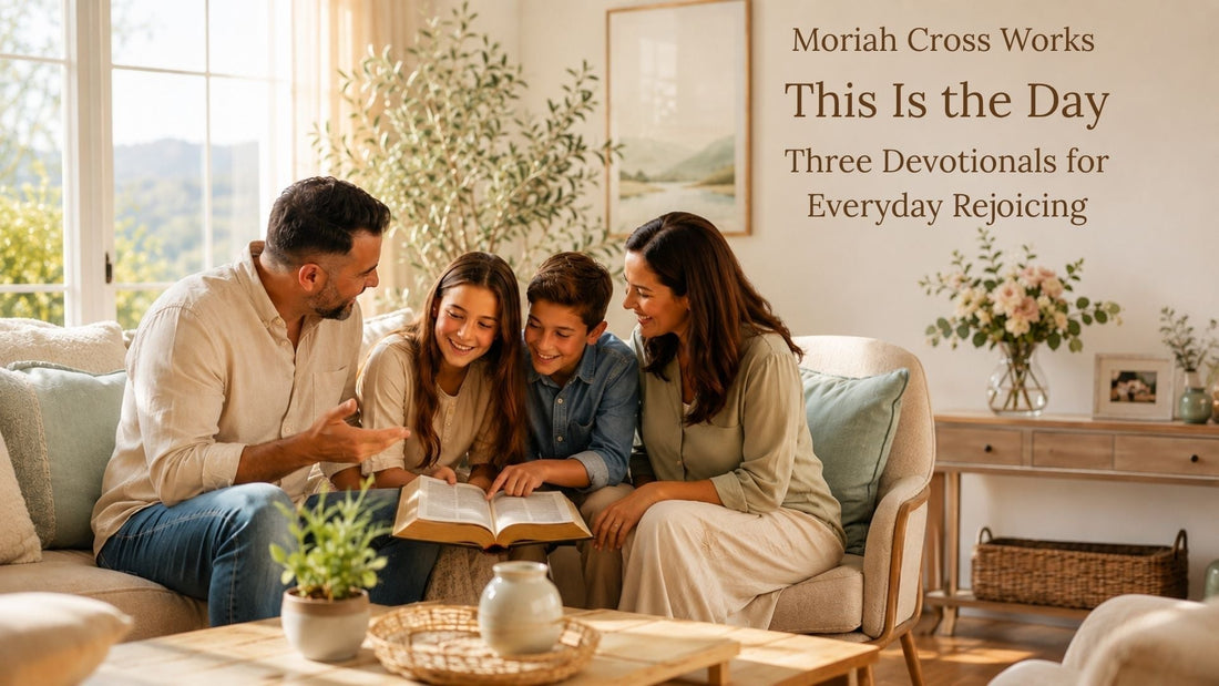 A joyful family of four gathered together on a sofa rejoicing reading the Bible and laughing in a bright, sunlit living room, illustrating the Moriah Cross Works devotional This Is the Day