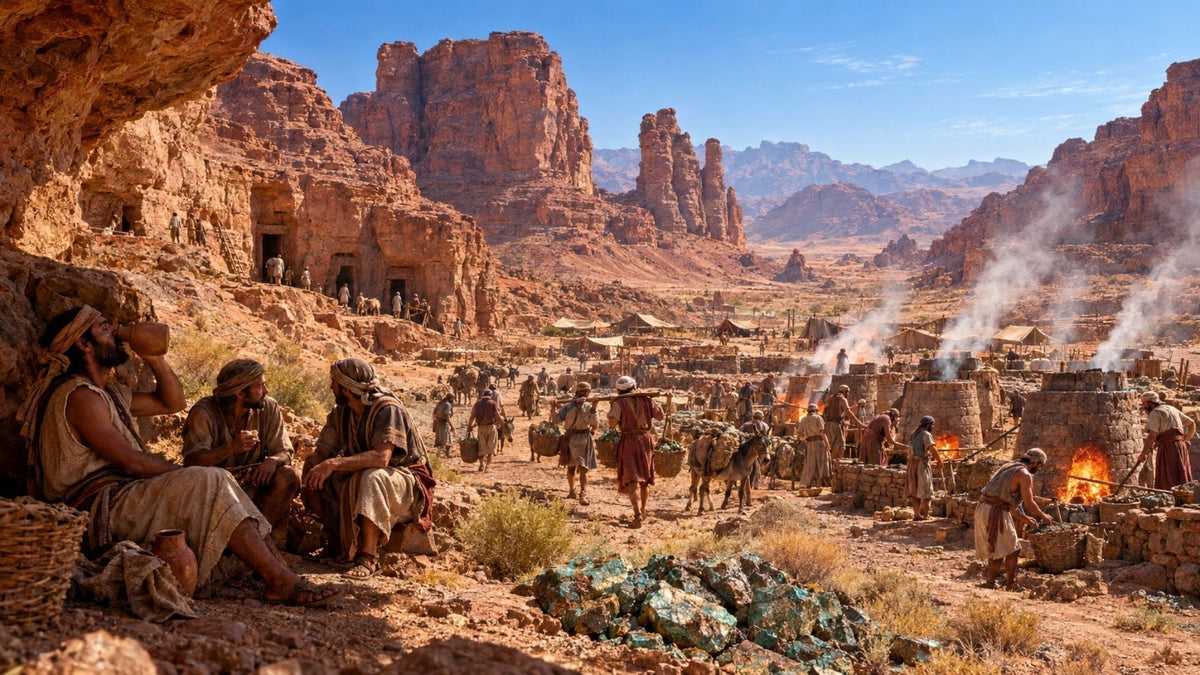 Ancient copper mining in Timna Valley during the era of King Solomon — workers resting, carrying ore and tending smelting furnaces in the red sandstone desert landscape