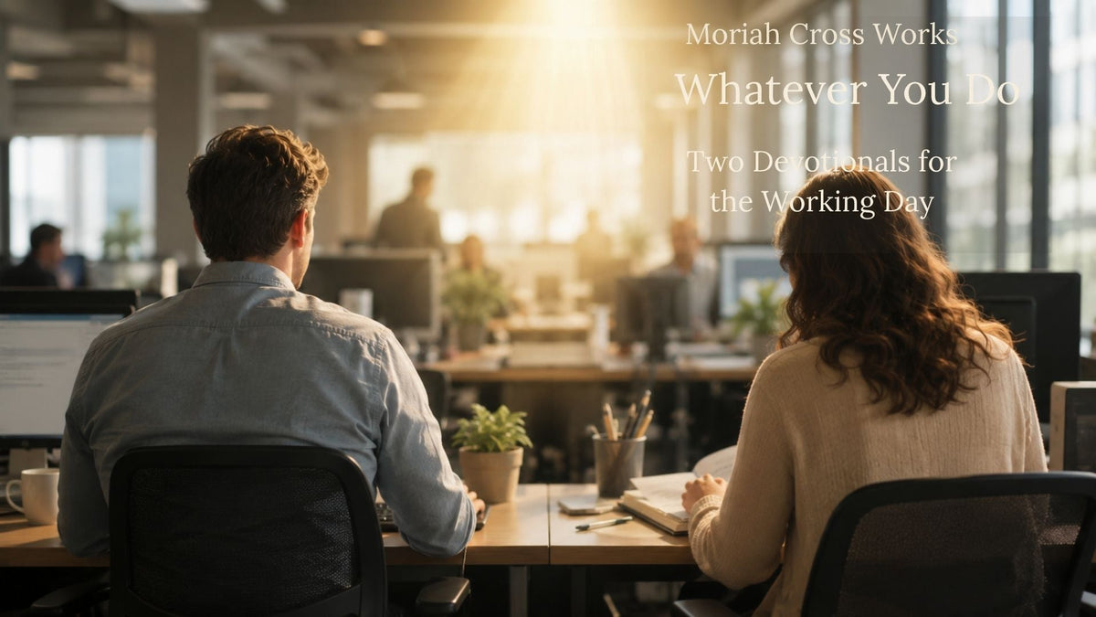 Two coworkers at their desks in a bright open-plan office, bathed in God's warm Holy sunlight, illustrating the Moriah Cross Works devotional Whatever You Do