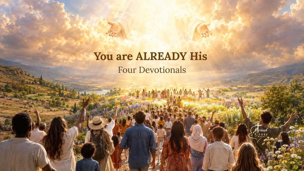 A diverse crowd of people from every nation walking toward a valley bathed in holy light, arms raised in worship beneath open heavenly hands radiating from luminous clouds, illustrating the Moriah Cross Works devotional You Are Already His