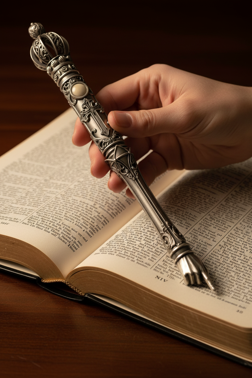 Moriah Cross Works Christian Heirloom Bible Reader Pointer with Jerusalem stone cabochon, silver-finished design