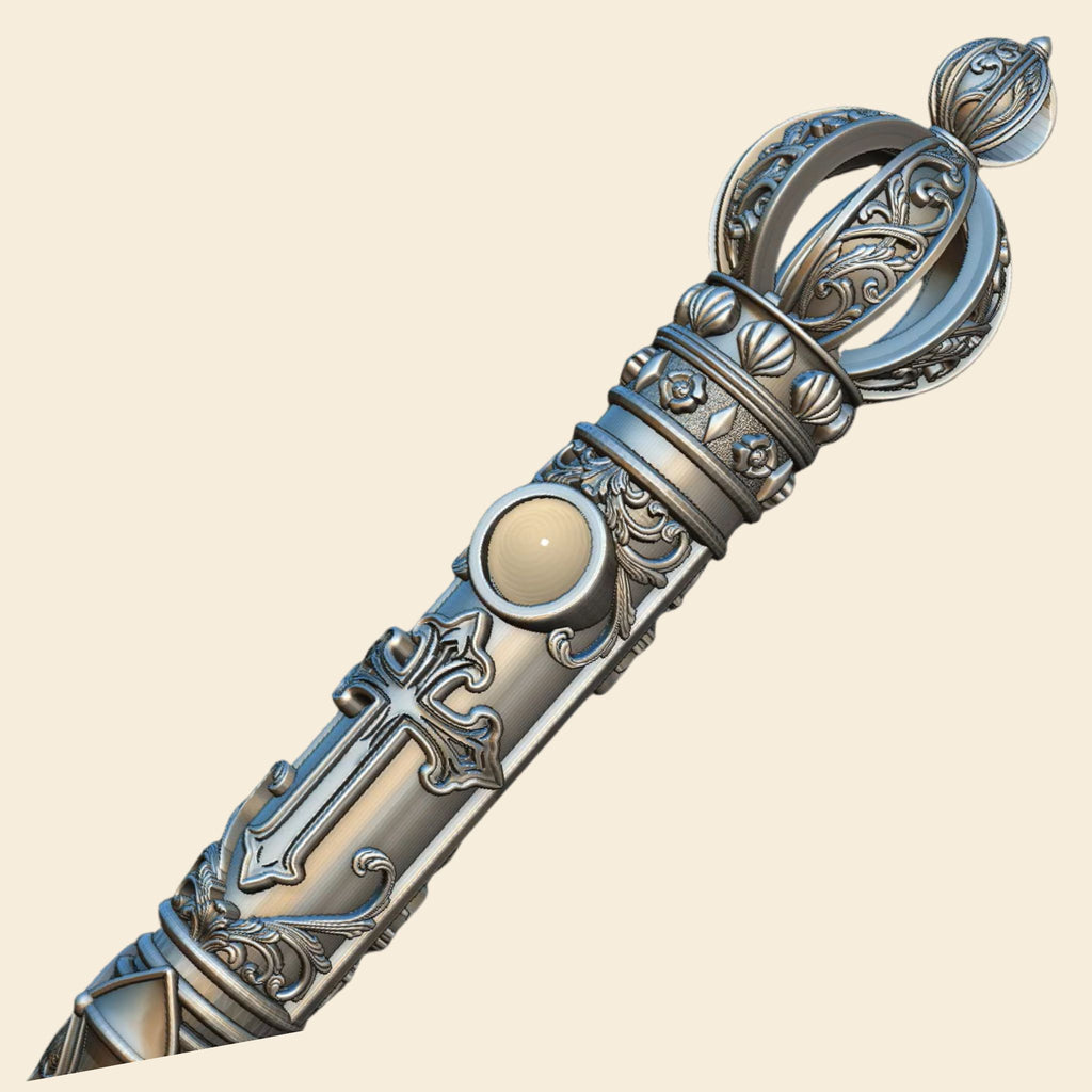 Close-up render of Bible reading pointer crown and upper shaft showing filigree cage, cabochon stone setting, and cross ornamentation
