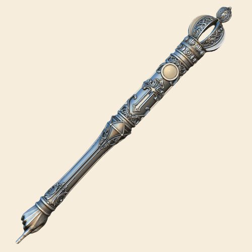 Silver-plated Christian Bible reading pointer render showing filigree crown, cabochon stone, and cross motif along the shaft