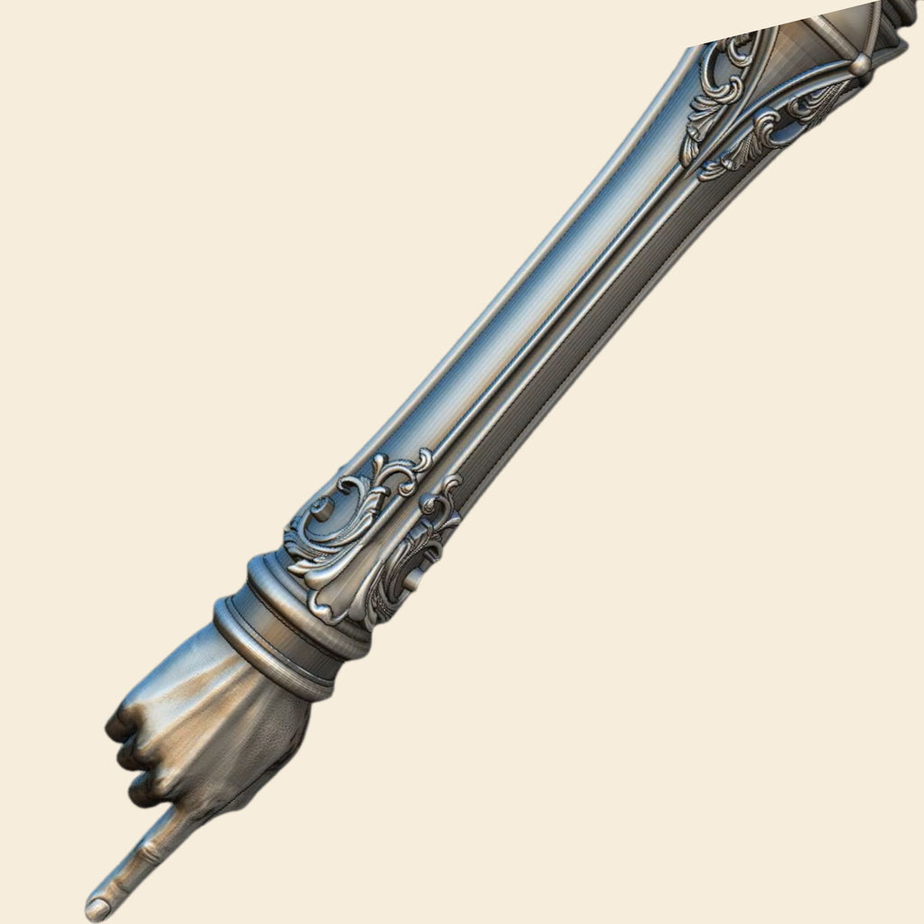 Close-up render of Bible reading pointer's sculpted hand and pointing finger with filigree cuff detail