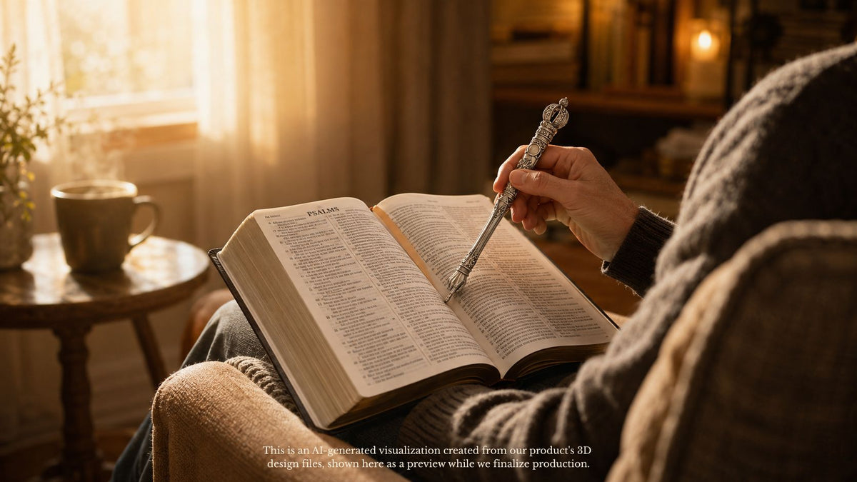 Silver Christian Bible reading pointer used to trace in an open Bible, held by hand in a cozy reading chair with warm morning light