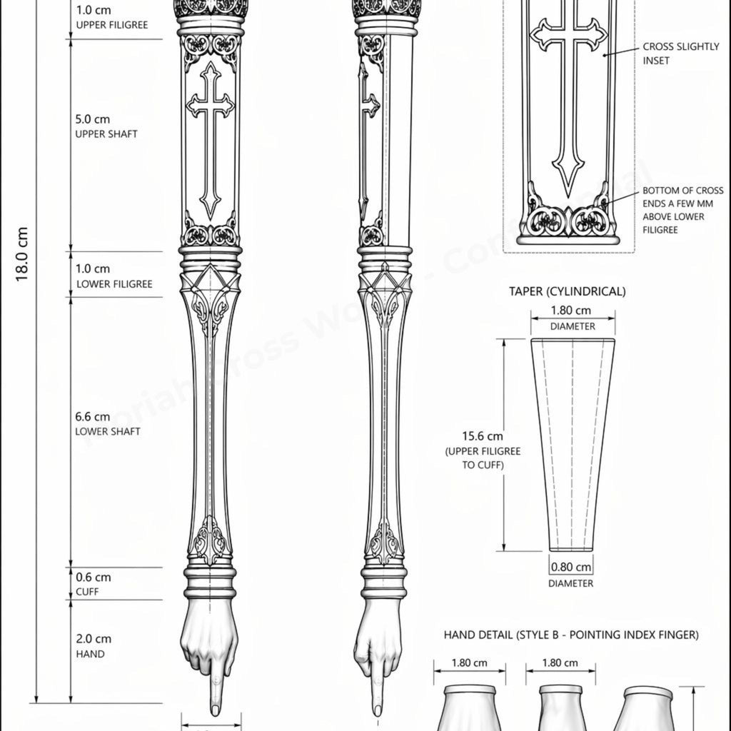 Technical drawing of Christian Heirloom Bible Reader showing crown, upper and lower shaft dimensions, cross detail, and hand pointer specifications