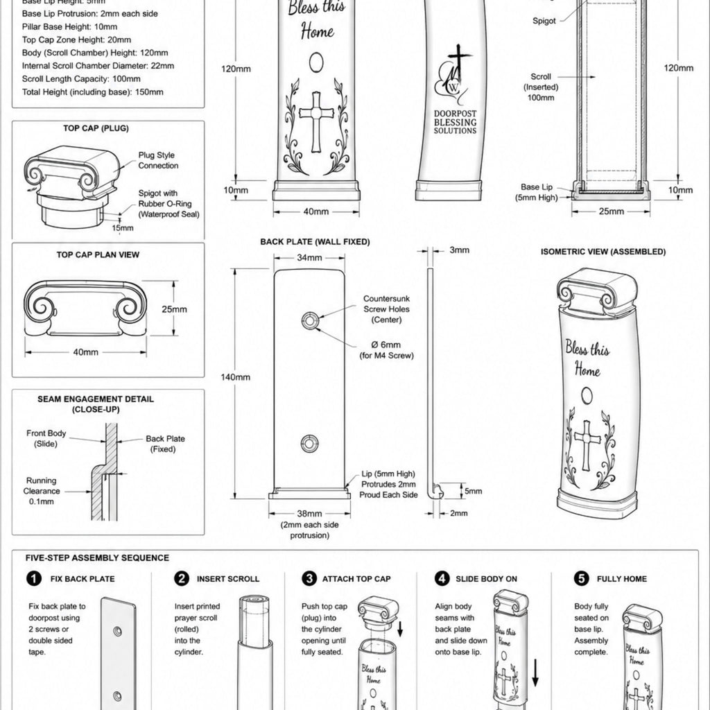 Full technical specification sheet for Christian doorpost scripture holder showing dimensional drawings, top cap detail, back plate mounting, cutaway assembly view, and five-step assembly instructions