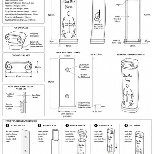 Full technical specification sheet for Christian doorpost scripture holder showing dimensional drawings, top cap detail, back plate mounting, cutaway assembly view, and five-step assembly instructions