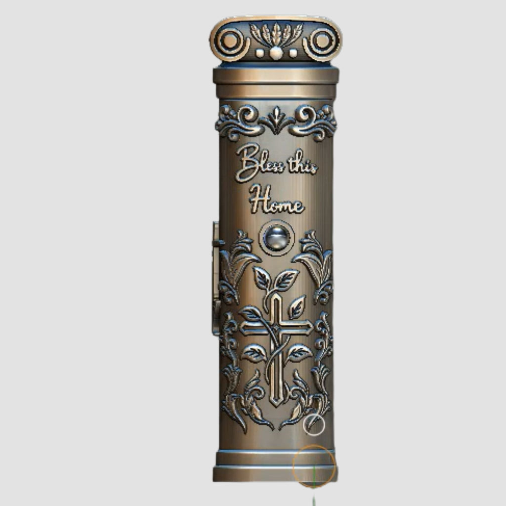 Front view render of Christian doorpost scripture holder featuring "Bless this Home" engraving, cross and floral motif, and cabochon stone recess