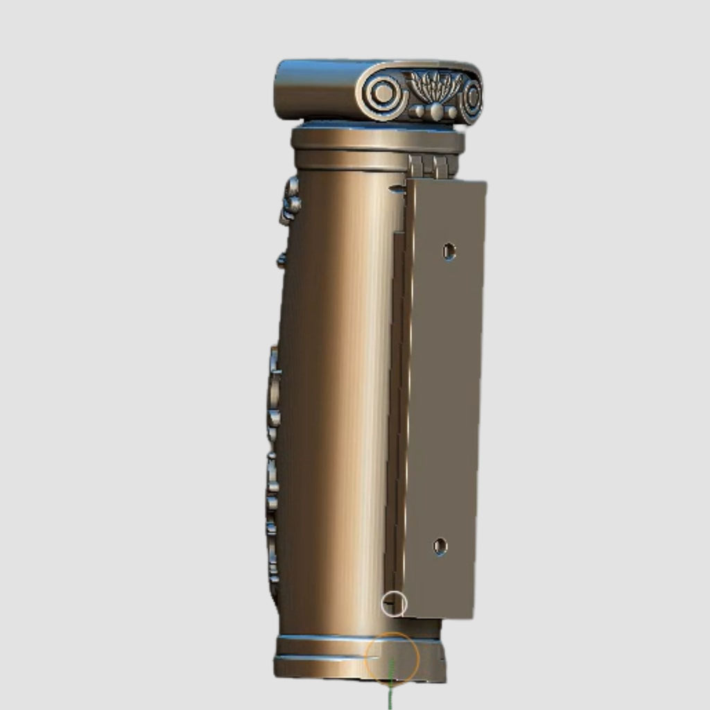 Side profile render of Christian doorpost scripture holder showing wall-mounted back plate, screw holes, and body-to-backplate seam engagement