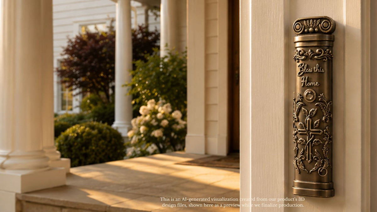 Silver Christian doorpost scripture holder mounted beside a front door, engraved "Bless this Home," on a sunlit porch entrance